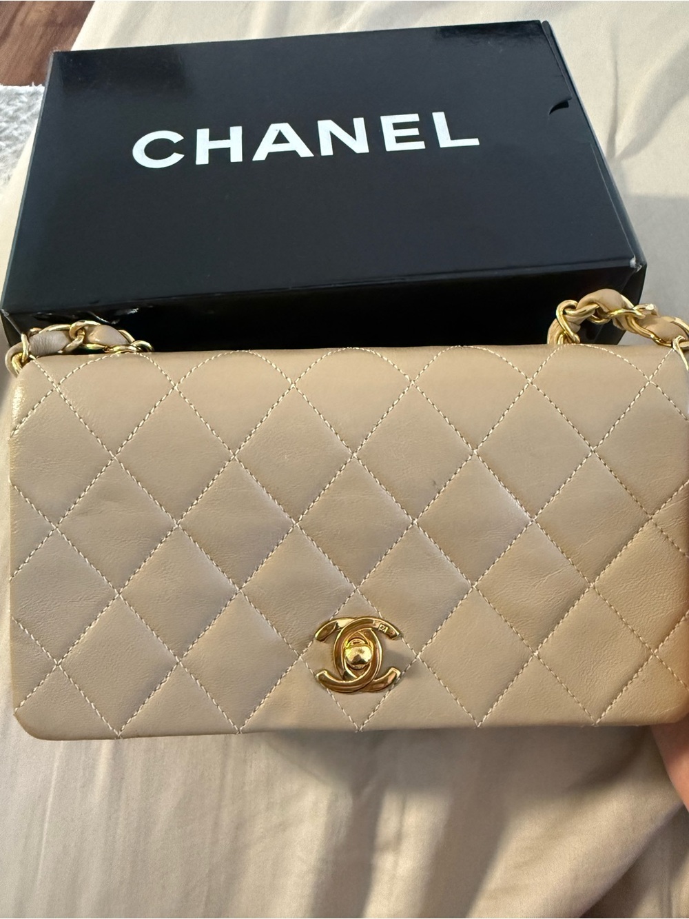 CHANEL Beige Quilted Lambskin Shoulder Bag with Gold Hardware